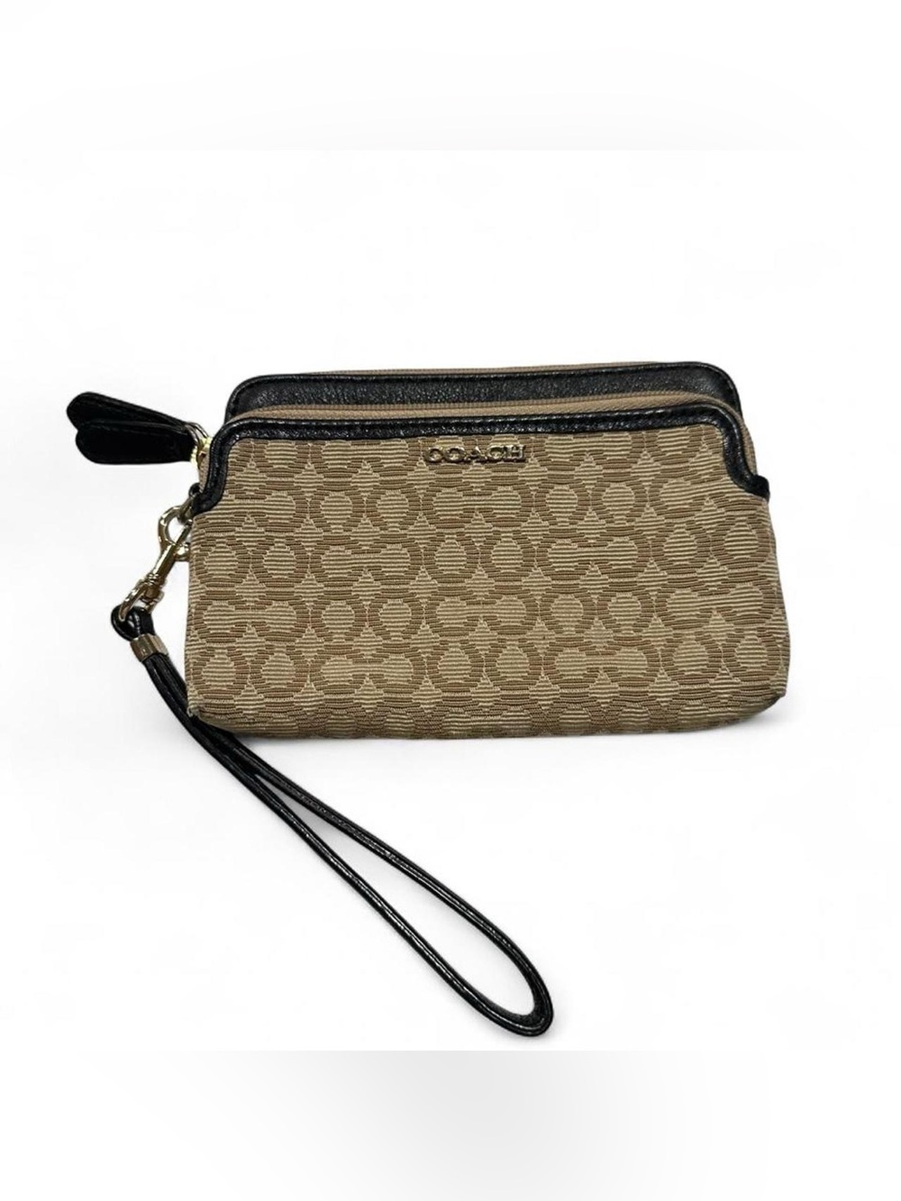 Coach Madison Needlepoint Signature Canvas Wristlet in Khaki Black Leather Trim - Picture 2 of 6